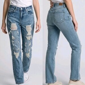 Judy Blue Jeans Womens 7/28 Blue Denim Straight Stretch Distressed Destroyed